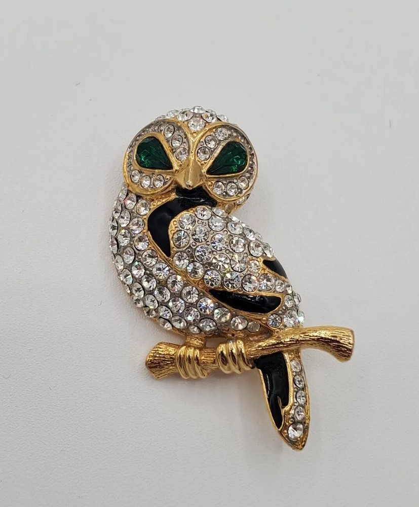 Vintage Jewelry Brooch Pin Owl Green Rhinestone Crystal Bird Women Accessory