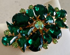Vintage Emerald Green AB Rhinestone Brooch Faceted Marquise Prong Set
