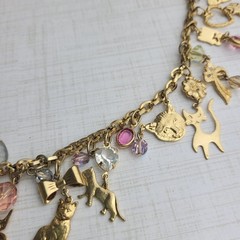 Vintage Kirks Folly Cat Charm Dangle Necklace Birds Crystals Bows Cats Heart 26″