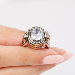 Turkish Reversible Oval Pink Quartz and White Topaz 925 Sterling Silver Ring