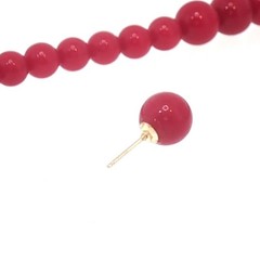 Vintage 14K Gold‑Marked Red Bead Necklace & Pierced Earrings Set – Classic