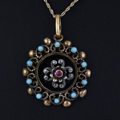 Antique Victorian 19k Yellow Gold Onyx + Ruby + Turquoise Pendant (c. 1870)