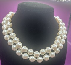 Vintage Signed Carolee Glass Faux Pearl Double Strand Necklace 14.5-17.5”