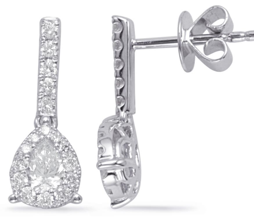.63CT DIAMOND 14KT WHITE GOLD ROUND & PEAR SHAPE TEAR DROP HALO HANGING EARRINGS