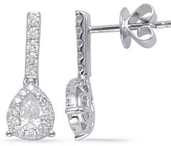 .63CT DIAMOND 14KT WHITE GOLD ROUND & PEAR SHAPE TEAR DROP HALO HANGING EARRINGS