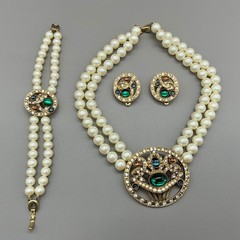 Richelieu Jewelry Set Women Cream Faux Pearl Cabochon Rhinestone Vintage 16 Inch