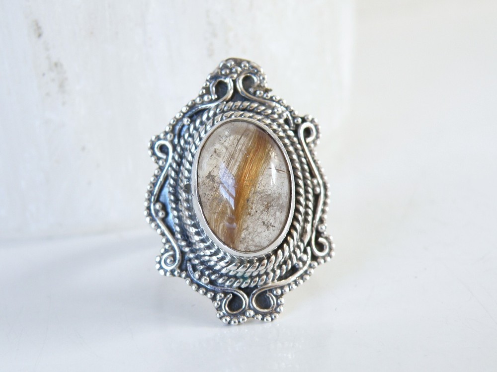 Vintage Sterling Silver 925 Rutilated Quartz Large Ring Size 6