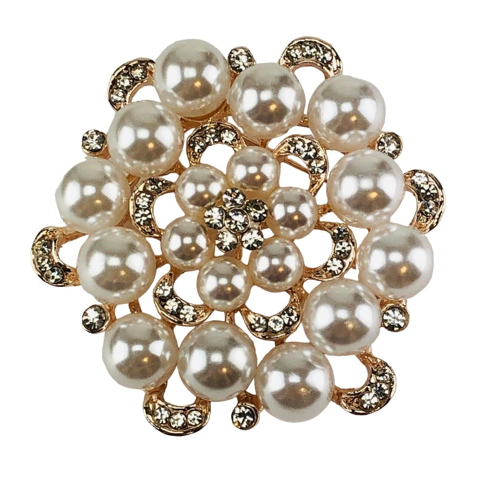Brooch Simulated Pearl & Crystal Rhinestone Gold Tone