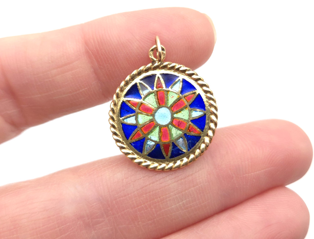 Vintage 18k Gold French Plique A Jour Enamel Stained Glass Notre Dame Pendant