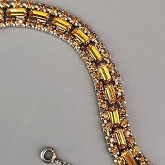 Vintage Rhinestone Bracelet Orange Glass Tennis Safety Chain Gold Tone 6.5″