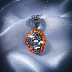 925 Sterling Silver Flaming Skull Pendant Black Moissanite Hip Hop Charm Unisex
