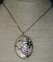 Vintage Art Nouveau Revival Grapes Locket Pendant Necklace Ormolu Rhinestones