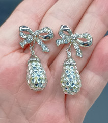 Vintage Rhinestone Bow Earrings Dangle Stud Mirror Disco Ball Glam Party 1″
