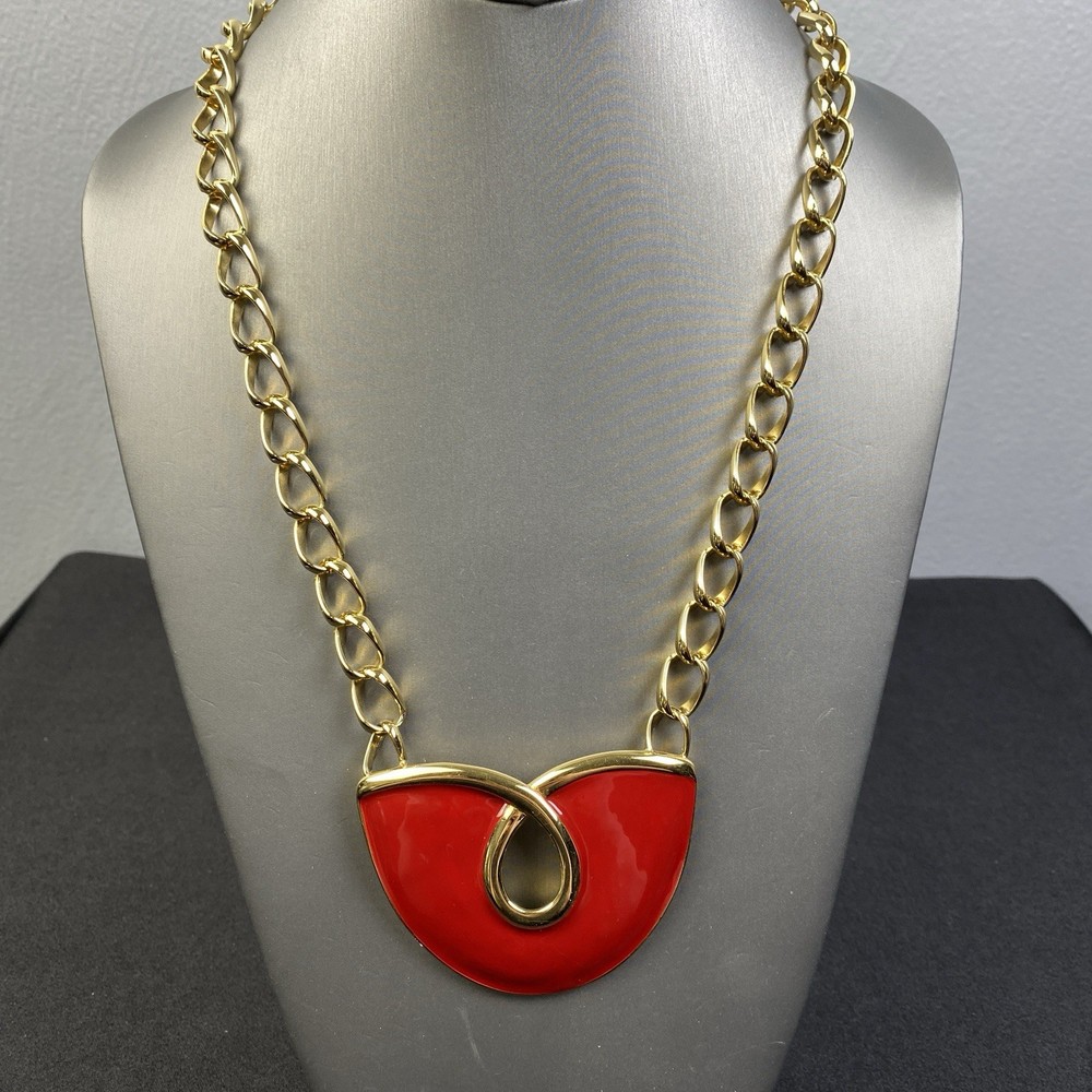 Vintage Monet Necklace Statement Deep Red Enamel GoldTone 24.5″ SEE DESCRIPTION
