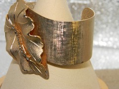 Vintage Judy Lee Leaf and Rhinestone Cuff Bracelet Goldtone