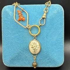 Vintage 12k Gold Filled Pocket Watch Chain FOB, Dog Clip, + RED BRANCH CORAL