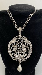 VTG Silver Tone Large Medallion Necklace Faux Pearl Teardrop Accent Avon 1974