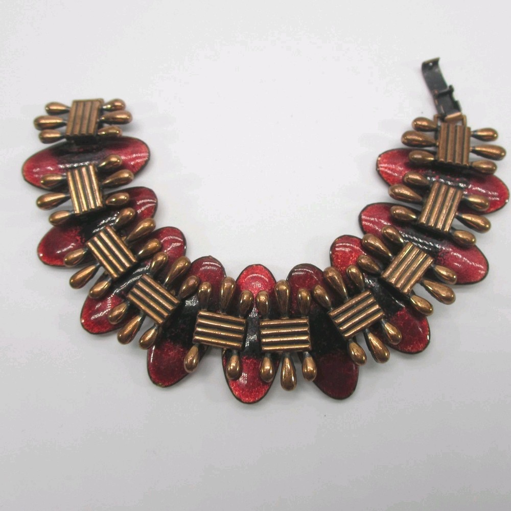 Vintage Copper Enamel Bracelet Panel Red MCM