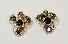Vintage Black Gray AB Rhinestone 3 Hearts Juliana Clip Earrings