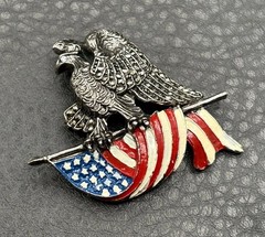 Vintage Pot Metal American Eagle USA Flag Patriotic Enamel Marcasite Pin Brooch