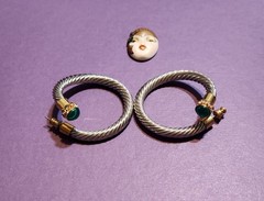 NOS! Cable Classic Style Twotone Earrings Rhinestones & Green cabochon Glass