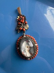Antique Yellow Gold + Silver Coral Seed Pearls Hand Painted Portrait Pendant
