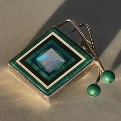 Sterling Silver Opal Inlay Modernist Convertible Brooch/Pendant Statement Piece