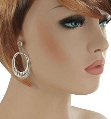 Silver Tone Flat Hoop Drop Dangle Ribbed Light Weight Pierced Earrings