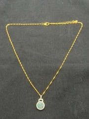 JTV Foil Glass Silver 925 Pendant Necklace Green Aventurine Flake Gold Tone 19″