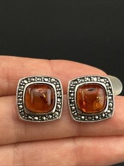 Vintage Sterling 925 Baltic Amber Small Marcasite Square Shape Earrings