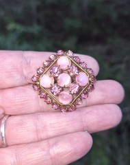 Art Deco Pink Satin Czech Glass Rhinestone Brooch Pin 1.25″