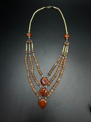 Vintage Carnelian Multi Strand Necklace, Triple Heart Pendant, Faceted Orange