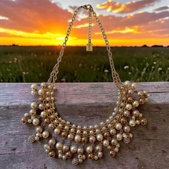 Y2K Bib Fringe Necklace Egyptian Revival Faux Pearl Gold Tone Victorian Vintage
