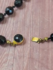 Vintage Made in Austria Black Glass Faceted Bead Necklace 56″ Hand Knotted