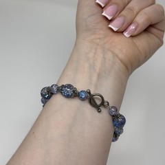 Purple Blue Crackle Glass Bead Bracelet Silver Filigree Caps Handmade 9”