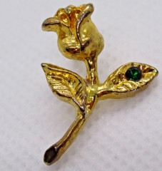 Vintage Gold Tone Rose Lapel Pin Small Flower Design Green Stone Accent