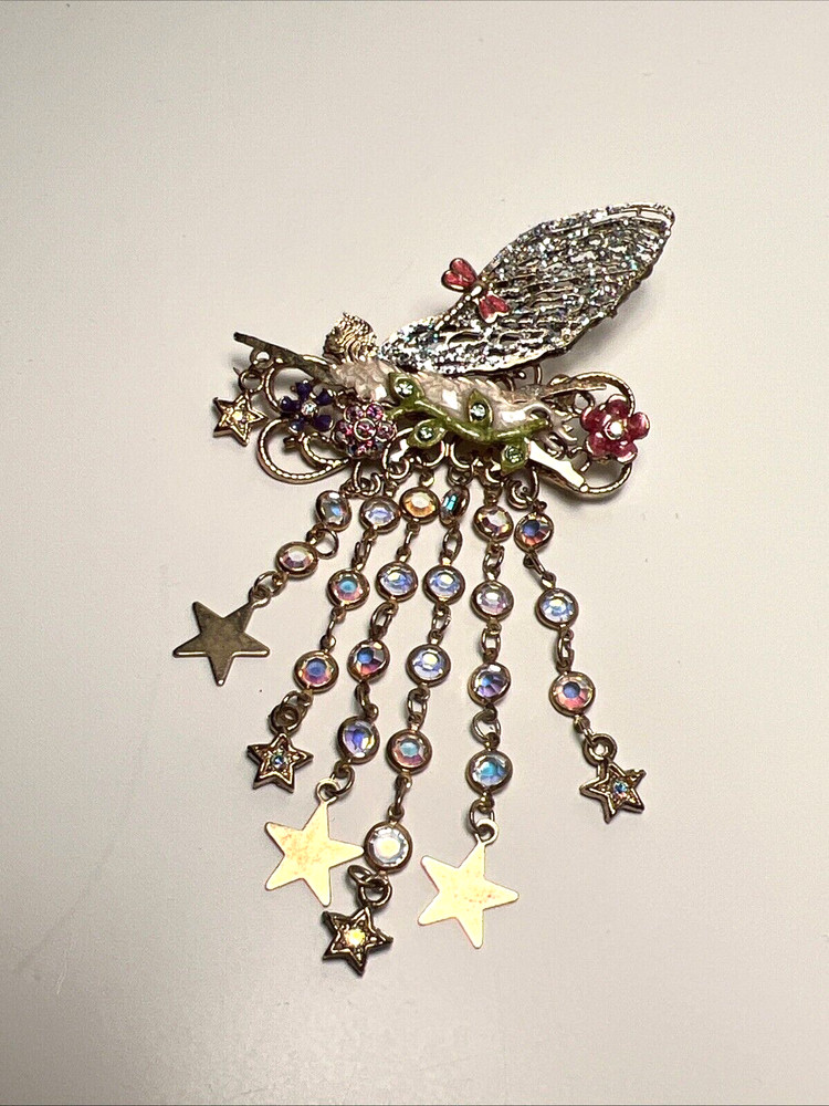 Vintage Kirks Folly Brooch Pin Jewelry Gold Star Dangle Crystal Fairy Angel Bag