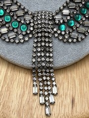 Hobe Signed Clear & Green Glass Rhinestone Necklace 16.5” With 3.75” Fringe VTG