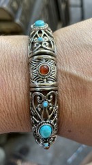 Barzel Silver Plated Stretch Cuff Bracelet Bangle Turquoise & Amber Stones Boho