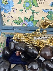 Vintage Wooden Box Blue & White with Hand Painted Horse filled with Jewelry