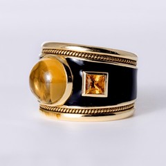 Vintage Mid Century Modern Citrine Black Enamel Wide Cigar Band Ring