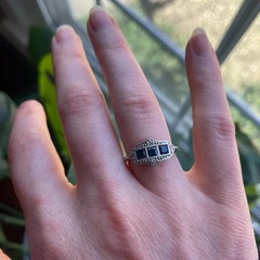 Vintage Art Deco Style Blue Sapphire & CZ Diamond Engagement Anniversary Ring
