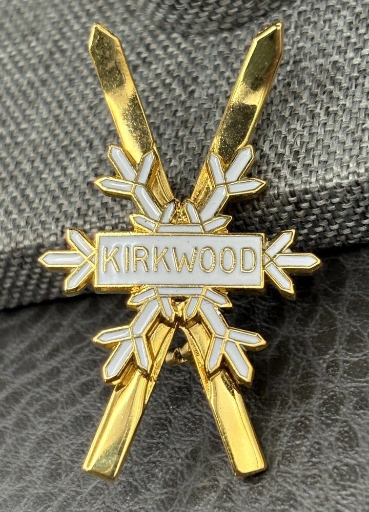 Kirkwood Gold Tone White Enamel Snowflake Ski Crossed Ski Snow Brooch Pin