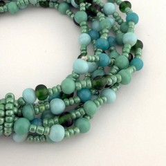 Vintage Multi 6 Strand Green Blue Glass Beads Necklace Bracelet Set Coastal Boho