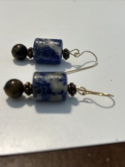 Lapis Lazuli & Tigers Eye Gems Necklace 20” Pierced Earrings 1 3/4” By 1/4”