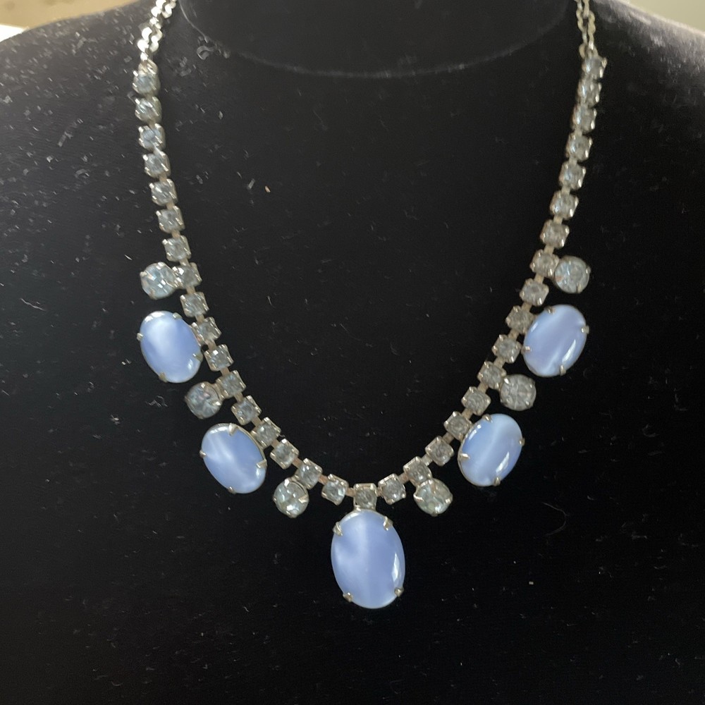 Vintage Blue Agate Glass And Crystal Choker Necklace 1940s 1950s Silve Chain