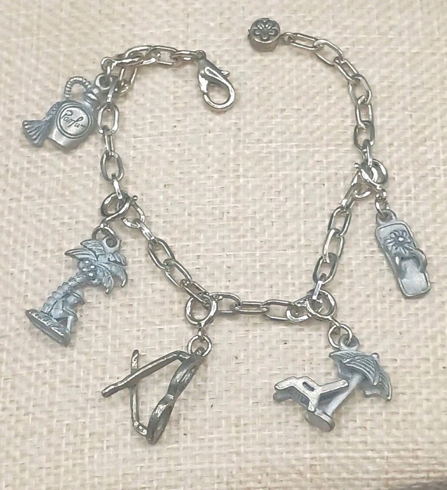 Vintage Summer Charm Bracelet Dangle Silver Tone Vacation 6.75″