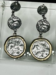 VTG. Etruscan Disc Drop Earrings Zeus Greek Roman Coin Matte Silver Golden 2 7/8