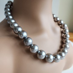 Silver Tone Bead Necklace 17” + 3” Ext Chunky Statement Rhinestone Accent