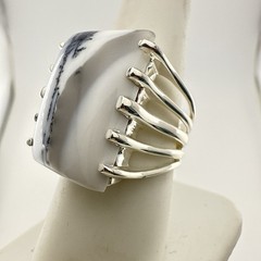 JTV Opal Ring Dendritic Artisan Modernist Sterling Silver sz 8 Cabochon Arya